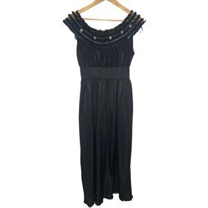 Vintage Nightgown Full Length Black Sheer Dainty Flower Ruffle Pleated Yoke